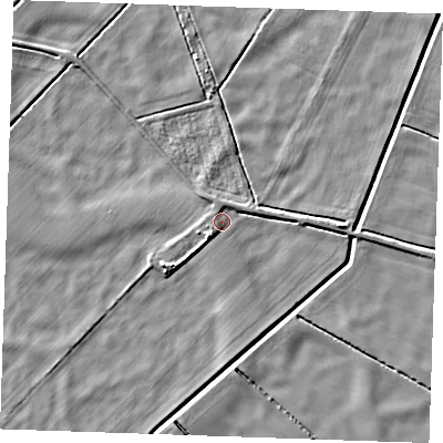 Shaded relief map of the ground around PE380AG, computed from Environment Agency LiDAR. The ground here sits at about -1 m above sea level and falls 6 m across the surrounding 800 m. Surface water reaching this point runs off ground lying to the south-west, 2.4 m higher.
