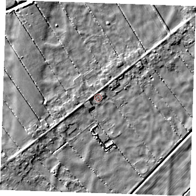 Shaded relief map of the ground around PE380AJ, computed from Environment Agency LiDAR. The ground here sits at about -1 m above sea level and falls 5 m across the surrounding 800 m. Surface water reaching this point runs off ground lying to the north-north-west, 0.8 m higher.