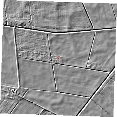 Shaded relief map of the ground around PE380AP, computed from Environment Agency LiDAR. The ground here sits at about -1 m above sea level and falls 5 m across the surrounding 800 m. Surface water reaching this point runs off ground lying to the east-north-east, 0.7 m higher.