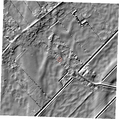 Shaded relief map of the ground around PE380AQ, computed from Environment Agency LiDAR. The ground here sits at about -2 m above sea level and falls 4 m across the surrounding 800 m. Surface water reaching this point runs off ground lying to the north-west, 2.4 m higher.