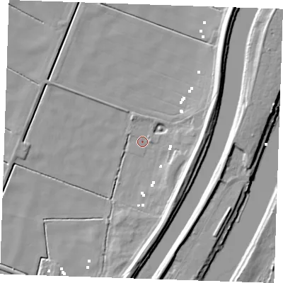 Shaded relief map of the ground around PE380AU, computed from Environment Agency LiDAR. The ground here sits at about -1 m above sea level and falls 12 m across the surrounding 800 m. Surface water reaching this point runs off ground lying to the south-east, 8.9 m higher.