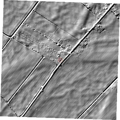 Shaded relief map of the ground around PE380AW, computed from Environment Agency LiDAR. The ground here sits at about -1 m above sea level and falls 4 m across the surrounding 800 m. Surface water reaching this point runs off ground lying to the east, 0.9 m higher.
