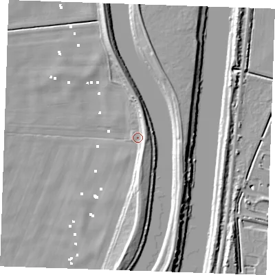 Shaded relief map of the ground around PE380AX, computed from Environment Agency LiDAR. The ground here sits at about 2 m above sea level and falls 11 m across the surrounding 800 m. Surface water reaching this point runs off ground lying to the north-east, 5.7 m higher.