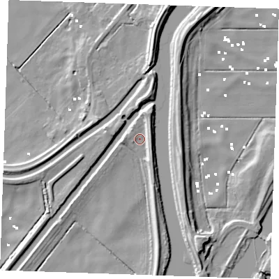 Shaded relief map of the ground around PE380AZ, computed from Environment Agency LiDAR. The ground here sits at about 3 m above sea level and falls 12 m across the surrounding 800 m. Surface water reaching this point runs off ground lying to the north-east, 4.4 m higher.