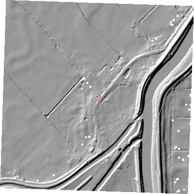 Shaded relief map of the ground around PE380BA, computed from Environment Agency LiDAR. The ground here sits at about 2 m above sea level and falls 11 m across the surrounding 800 m. Surface water reaching this point runs off ground lying to the east, 6.7 m higher.