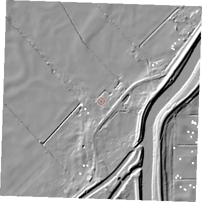 Shaded relief map of the ground around PE380BB, computed from Environment Agency LiDAR. The ground here sits at about 0 m above sea level and falls 11 m across the surrounding 800 m. Surface water reaching this point runs off ground lying to the east-south-east, 3.8 m higher.