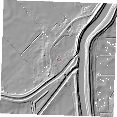 Shaded relief map of the ground around PE380BD, computed from Environment Agency LiDAR. The ground here sits at about 2 m above sea level and falls 11 m across the surrounding 800 m. Surface water reaching this point runs off ground lying to the north-east, 6.4 m higher.