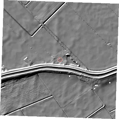Shaded relief map of the ground around PE380BE, computed from Environment Agency LiDAR. The ground here sits at about -1 m above sea level and falls 8 m across the surrounding 800 m. Surface water reaching this point runs off ground lying to the east-south-east, 5.7 m higher.