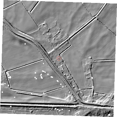 Shaded relief map of the ground around PE380BF, computed from Environment Agency LiDAR. The ground here sits at about -0 m above sea level and falls 7 m across the surrounding 800 m. Surface water reaching this point runs off ground lying to the south-south-east, 5.6 m higher.