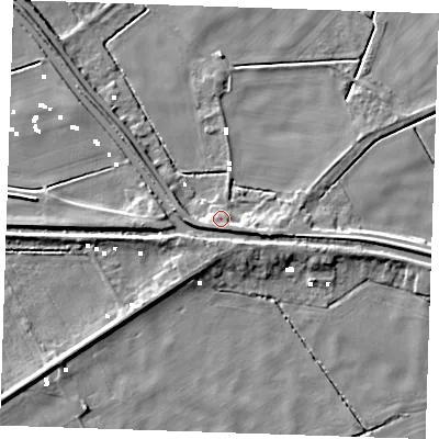 Shaded relief map of the ground around PE380BG, computed from Environment Agency LiDAR. The ground here sits at about 2 m above sea level and falls 7 m across the surrounding 800 m. Surface water reaching this point runs off ground lying to the east-south-east, 2.4 m higher.