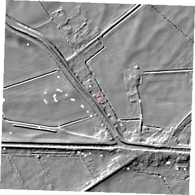 Shaded relief map of the ground around PE380BH, computed from Environment Agency LiDAR. The ground here sits at about -0 m above sea level and falls 7 m across the surrounding 800 m. Surface water reaching this point runs off ground lying to the south-south-west, 4.0 m higher.