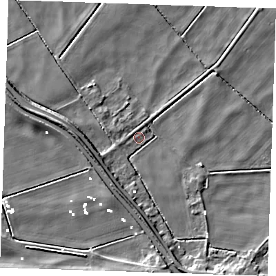 Shaded relief map of the ground around PE380BJ, computed from Environment Agency LiDAR. The ground here sits at about -1 m above sea level and falls 7 m across the surrounding 800 m. Surface water reaching this point runs off ground lying to the south, 6.2 m higher.