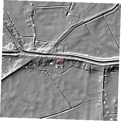Shaded relief map of the ground around PE380BL, computed from Environment Agency LiDAR. The ground here sits at about 2 m above sea level and falls 7 m across the surrounding 800 m. Surface water reaching this point runs off ground lying to the north, 1.6 m higher.