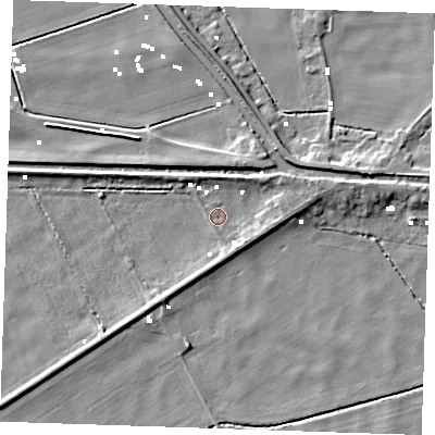 Shaded relief map of the ground around PE380BN, computed from Environment Agency LiDAR. The ground here sits at about -0 m above sea level and falls 6 m across the surrounding 800 m. Surface water reaching this point runs off ground lying to the east-north-east, 3.7 m higher.