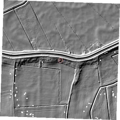 Shaded relief map of the ground around PE380BP, computed from Environment Agency LiDAR. The ground here sits at about 2 m above sea level and falls 7 m across the surrounding 800 m. Surface water reaching this point runs off ground lying to the west-north-west, 5.3 m higher.