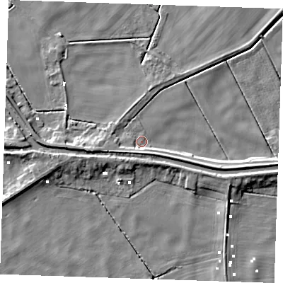 Shaded relief map of the ground around PE380BQ, computed from Environment Agency LiDAR. The ground here sits at about -0 m above sea level and falls 7 m across the surrounding 800 m. Surface water reaching this point runs off ground lying to the south-south-west, 3.2 m higher.