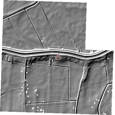 Shaded relief map of the ground around PE380BS, computed from Environment Agency LiDAR. The ground here sits at about 2 m above sea level and falls 7 m across the surrounding 800 m. Surface water reaching this point runs off ground lying to the east-north-east, 2.6 m higher.