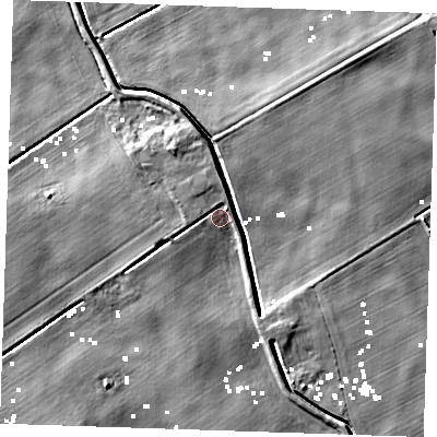 Shaded relief map of the ground around PE380BU, computed from Environment Agency LiDAR. The ground here sits at about 1 m above sea level and falls 5 m across the surrounding 800 m. Surface water reaching this point runs off ground lying to the west-south-west, 2.9 m higher.