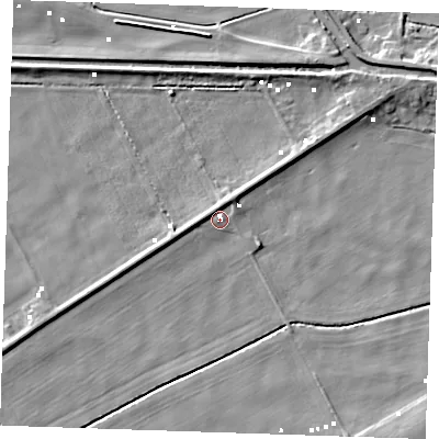 Shaded relief map of the ground around PE380BW, computed from Environment Agency LiDAR. The ground here sits at about -0 m above sea level and falls 6 m across the surrounding 800 m. Surface water reaching this point runs off ground lying to the north-north-west, 2.6 m higher.
