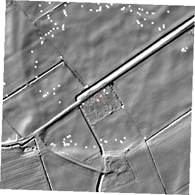 Shaded relief map of the ground around PE380BX, computed from Environment Agency LiDAR. The ground here sits at about -0 m above sea level and falls 6 m across the surrounding 800 m. Surface water reaching this point runs off ground lying to the south-south-east, 5.2 m higher.