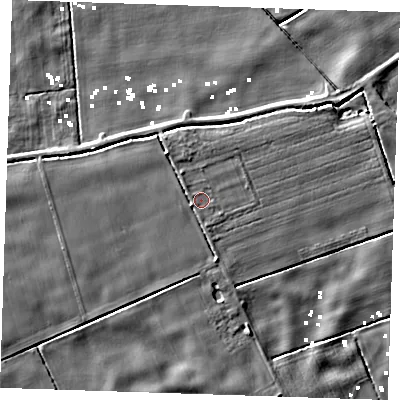 Shaded relief map of the ground around PE380BY, computed from Environment Agency LiDAR. The ground here sits at about 2 m above sea level and falls 6 m across the surrounding 800 m. Surface water reaching this point runs off ground lying to the west-south-west, 1.0 m higher.