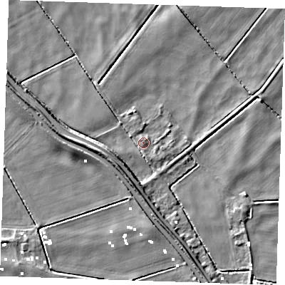 Shaded relief map of the ground around PE380BZ, computed from Environment Agency LiDAR. The ground here sits at about -0 m above sea level and falls 7 m across the surrounding 800 m. Surface water reaching this point runs off ground lying to the south-south-east, 1.0 m higher.