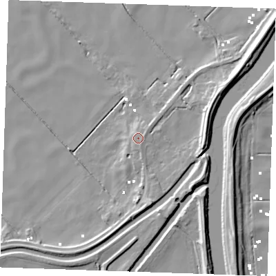 Shaded relief map of the ground around PE380DQ, computed from Environment Agency LiDAR. The ground here sits at about 2 m above sea level and falls 11 m across the surrounding 800 m. Surface water reaching this point runs off ground lying to the south-east, 1.3 m higher.