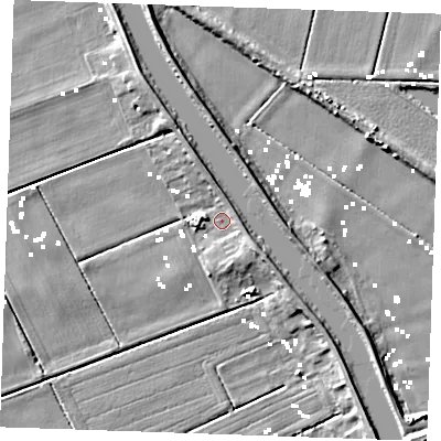 Shaded relief map of the ground around PE380ED, computed from Environment Agency LiDAR. The ground here sits at about 0 m above sea level and falls 9 m across the surrounding 800 m. Surface water reaching this point runs off ground lying to the east, 3.7 m higher.