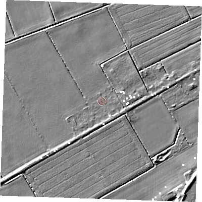 Shaded relief map of the ground around PE380EF, computed from Environment Agency LiDAR. The ground here sits at about -1 m above sea level and falls 7 m across the surrounding 800 m. Surface water reaching this point runs off ground lying to the east-south-east, 1.1 m higher.