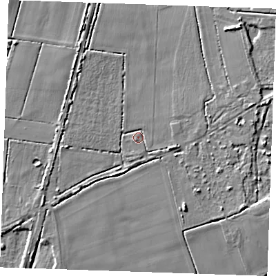 Shaded relief map of the ground around PE380EG, computed from Environment Agency LiDAR. The ground here sits at about 4 m above sea level and falls 10 m across the surrounding 800 m. Surface water reaching this point runs off ground lying to the east-south-east, 3.4 m higher.