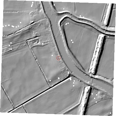 Shaded relief map of the ground around PE380EH, computed from Environment Agency LiDAR. The ground here sits at about 2 m above sea level and falls 10 m across the surrounding 800 m. Surface water reaching this point runs off ground lying to the north, 1.8 m higher.