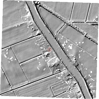 Shaded relief map of the ground around PE380EJ, computed from Environment Agency LiDAR. The ground here sits at about 0 m above sea level and falls 7 m across the surrounding 800 m. Surface water reaching this point runs off ground lying to the north, 4.0 m higher.