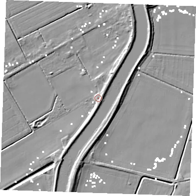 Shaded relief map of the ground around PE380EN, computed from Environment Agency LiDAR. The ground here sits at about 2 m above sea level and falls 10 m across the surrounding 800 m. Surface water reaching this point runs off ground lying to the north-east, 3.5 m higher.