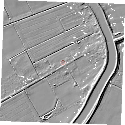 Shaded relief map of the ground around PE380EP, computed from Environment Agency LiDAR. The ground here sits at about -0 m above sea level and falls 9 m across the surrounding 800 m. Surface water reaching this point runs off ground lying to the east-north-east, 1.3 m higher.