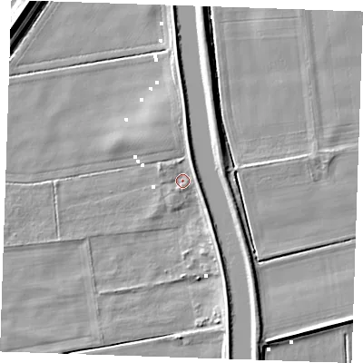 Shaded relief map of the ground around PE380EQ, computed from Environment Agency LiDAR. The ground here sits at about 1 m above sea level and falls 9 m across the surrounding 800 m. Surface water reaching this point runs off ground lying to the north-north-east, 3.4 m higher.