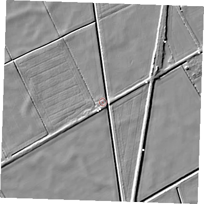 Shaded relief map of the ground around PE380ER, computed from Environment Agency LiDAR. The ground here sits at about -0 m above sea level and falls 6 m across the surrounding 800 m. Surface water reaching this point runs off ground lying to the south-east, 4.2 m higher.