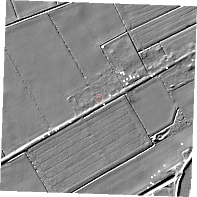 Shaded relief map of the ground around PE380ES, computed from Environment Agency LiDAR. The ground here sits at about -1 m above sea level and falls 8 m across the surrounding 800 m. Surface water reaching this point runs off ground lying to the east, 1.2 m higher.