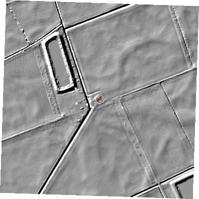 Shaded relief map of the ground around PE380ET, computed from Environment Agency LiDAR. The ground here sits at about 0 m above sea level and falls 6 m across the surrounding 800 m. Surface water reaching this point runs off ground lying to the north-north-west, 1.0 m higher.