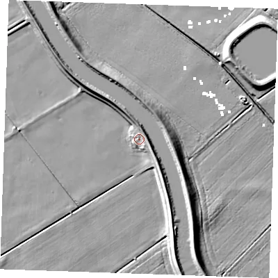 Shaded relief map of the ground around PE380EW, computed from Environment Agency LiDAR. The ground here sits at about 2 m above sea level and falls 9 m across the surrounding 800 m. Surface water reaching this point runs off ground lying to the north-east, 3.8 m higher.