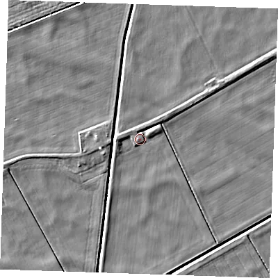Shaded relief map of the ground around PE380EZ, computed from Environment Agency LiDAR. The ground here sits at about -1 m above sea level and falls 4 m across the surrounding 800 m. Surface water reaching this point runs off ground lying to the west, 2.2 m higher.