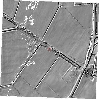 Shaded relief map of the ground around PE380HP, computed from Environment Agency LiDAR. The ground here sits at about 1 m above sea level and falls 7 m across the surrounding 800 m. Surface water reaching this point runs off ground lying to the east-north-east, 1.6 m higher.