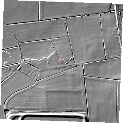 Shaded relief map of the ground around PE380HS, computed from Environment Agency LiDAR. The ground here sits at about 4 m above sea level and falls 9 m across the surrounding 800 m. Surface water reaching this point runs off ground lying to the south-south-west, 0.6 m higher.