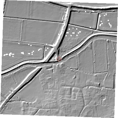 Shaded relief map of the ground around PE380LD, computed from Environment Agency LiDAR. The ground here sits at about 3 m above sea level and falls 14 m across the surrounding 800 m. Surface water reaching this point runs off ground lying to the south, 10.6 m higher.