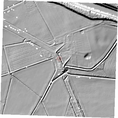 Shaded relief map of the ground around PE380LE, computed from Environment Agency LiDAR. The ground here sits at about 2 m above sea level and falls 15 m across the surrounding 800 m. Surface water reaching this point runs off ground lying to the north-north-east, 12.5 m higher.