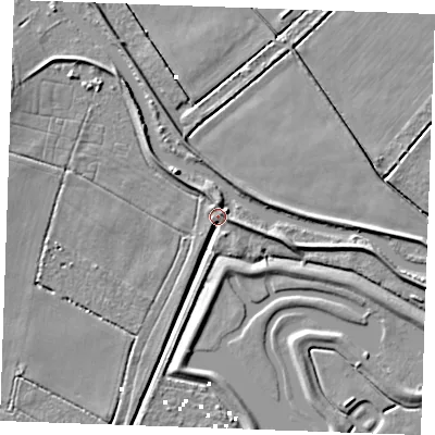 Shaded relief map of the ground around PE380LF, computed from Environment Agency LiDAR. The ground here sits at about 2 m above sea level and falls 6 m across the surrounding 800 m. Surface water reaching this point runs off ground lying to the east-north-east, 4.8 m higher.