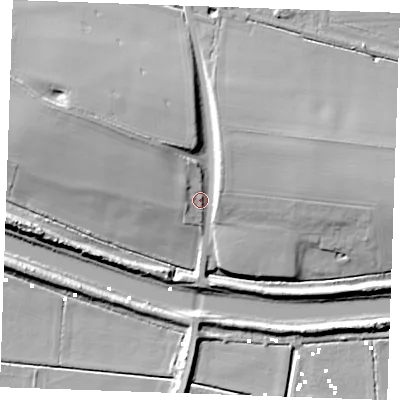 Shaded relief map of the ground around PE380LN, computed from Environment Agency LiDAR. The ground here sits at about 8 m above sea level and falls 16 m across the surrounding 800 m. Surface water reaching this point runs off ground lying to the north-west, 8.2 m higher.