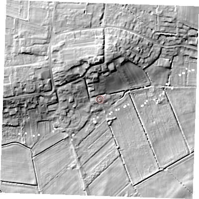 Shaded relief map of the ground around PE380NE, computed from Environment Agency LiDAR. The ground here sits at about 2 m above sea level and falls 16 m across the surrounding 800 m. Surface water reaching this point runs off ground lying to the north, 11.8 m higher.
