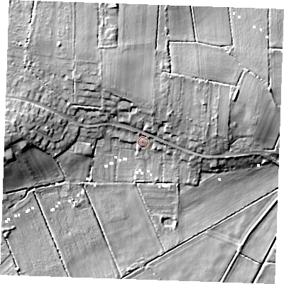 Shaded relief map of the ground around PE380NS, computed from Environment Agency LiDAR. The ground here sits at about 2 m above sea level and falls 15 m across the surrounding 800 m. Surface water reaching this point runs off ground lying to the north-north-west, 7.8 m higher.