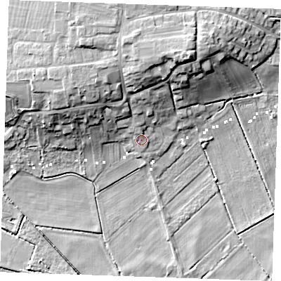 Shaded relief map of the ground around PE380PB, computed from Environment Agency LiDAR. The ground here sits at about 2 m above sea level and falls 16 m across the surrounding 800 m. Surface water reaching this point runs off ground lying to the north-north-east, 10.5 m higher.
