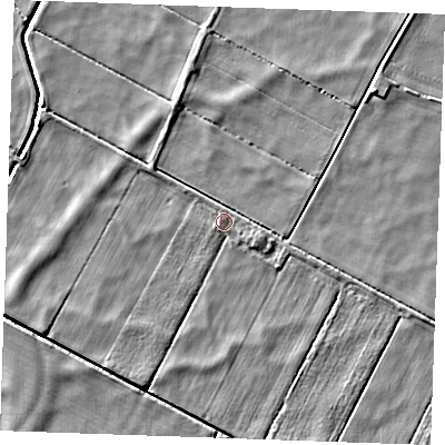 Shaded relief map of the ground around PE380PD, computed from Environment Agency LiDAR. The ground here sits at about -1 m above sea level and falls 4 m across the surrounding 800 m. Surface water reaching this point runs off ground lying to the west-south-west, 2.0 m higher.